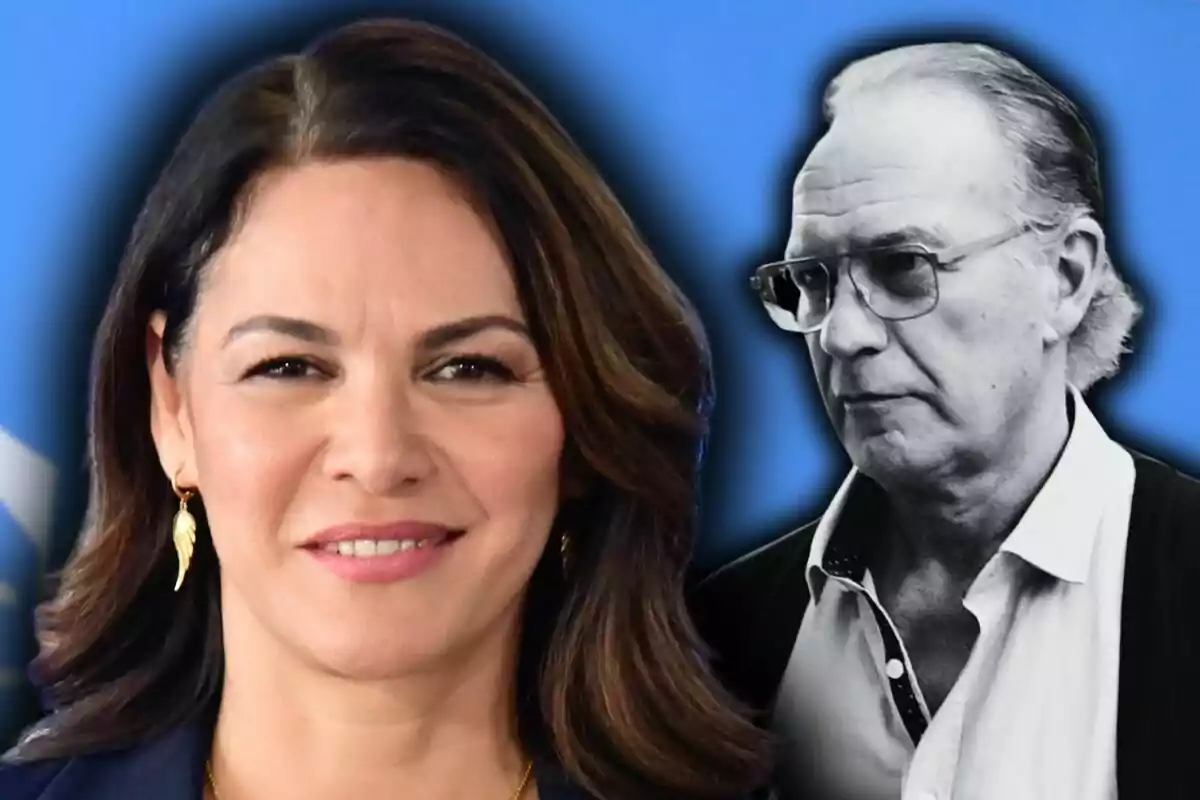 Fabiola Martínez en primer plano con Bertín Osborne en blanco y negro al fondo sobre un fondo azul.