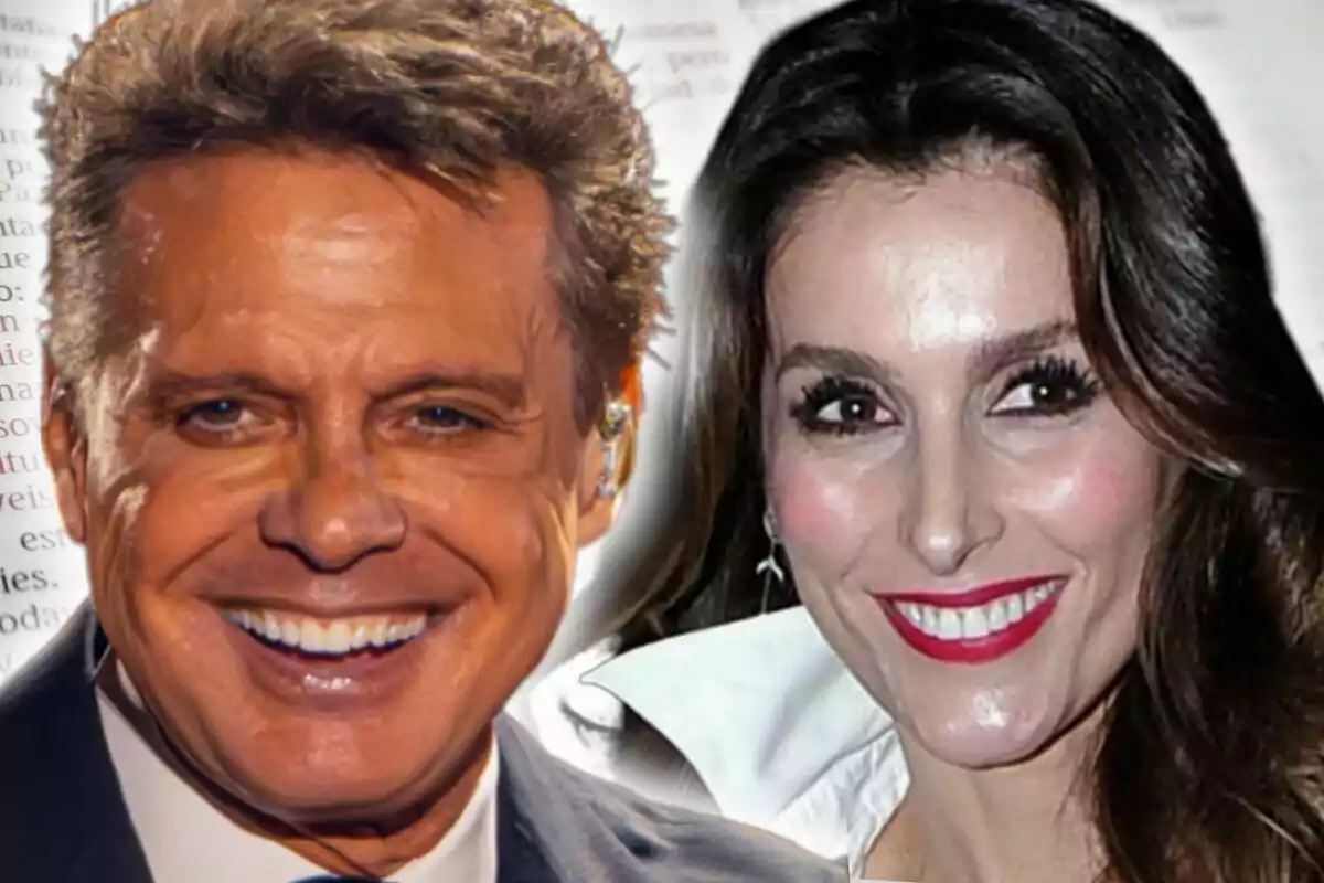 Dos personas sonrientes, que son Luis Miguel y Paloma Cuevas, posan juntas frente a un fondo de texto desenfocado.