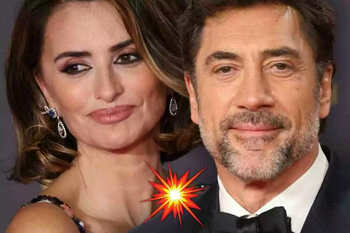 Penélope Cruz y Javier Bardem en primer plano medio sonriendo con un emoji de explosión.