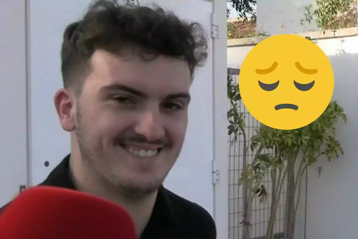 Montaje de un primer plano de Fran Redondo sonriendo y un emoji triste