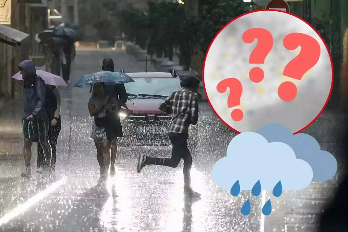 Personas caminando bajo la lluvia con paraguas y una persona corriendo, mientras un gráfico de signos de interrogación y una nube con gotas de lluvia aparece en la esquina superior derecha.