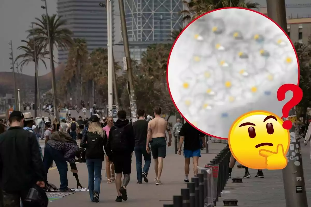 Montaje de gente paseando por la Barceloneta, el mapa de pronóstico del tiempo en Cataluña, un emoji pensando y un interrogante