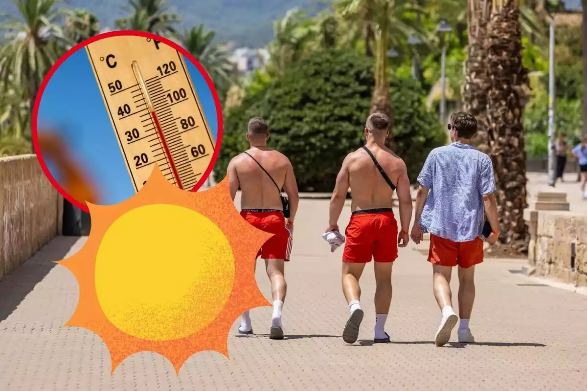 Montaje de hombres caminando sin camisa durante el verano con un emoji del sol y una foto pequeña de un termómetro