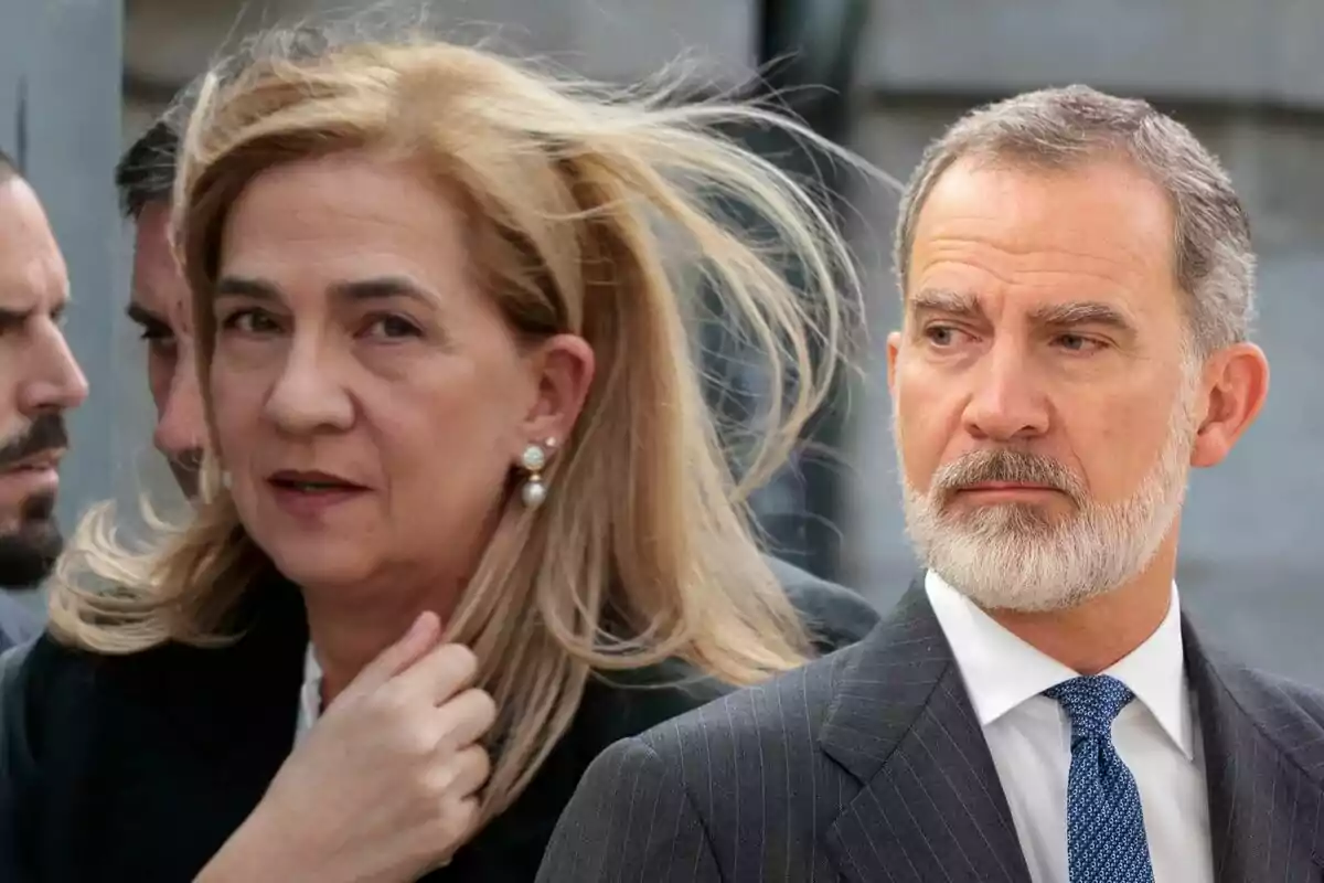 Montaje de la infanta Cristina seria con la mano en el cuello y Felipe VI serio mirando a un lado en traje gris y corbata azul