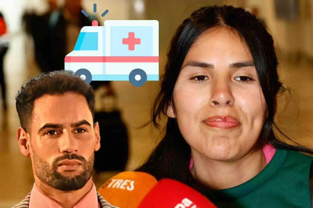 Montaje de Isa Pantoja seria con el pelo recogido y un jersey verde, Asraf Beno serio con una camisa rosa y una ambulancia