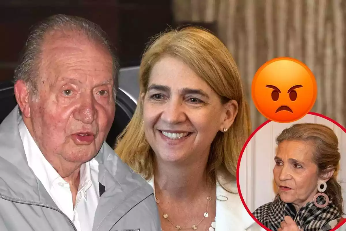 Montaje de Juan Carlos I con rostro neutro y chaqueta gris, la infanta Cristina sonriendo, la infanta Elena seria con unos pendientes largos y un emoji enfadado