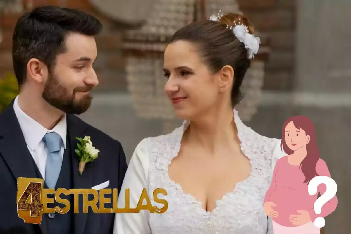 Montaje de '4 estrellas' con Martínez mirando a Menchu vestidos de novios, el logo de la seria y una embarazada junto a un interrogante