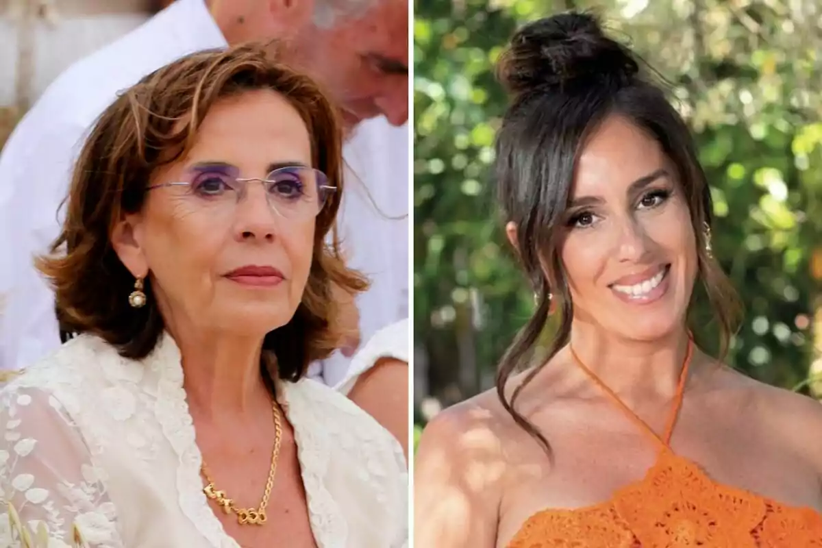 Mercedes Bernal y Anabel Pantoja posan en un entorno al aire libre, una lleva gafas y un collar dorado, mientras que la otra luce un vestido naranja y un peinado recogido.