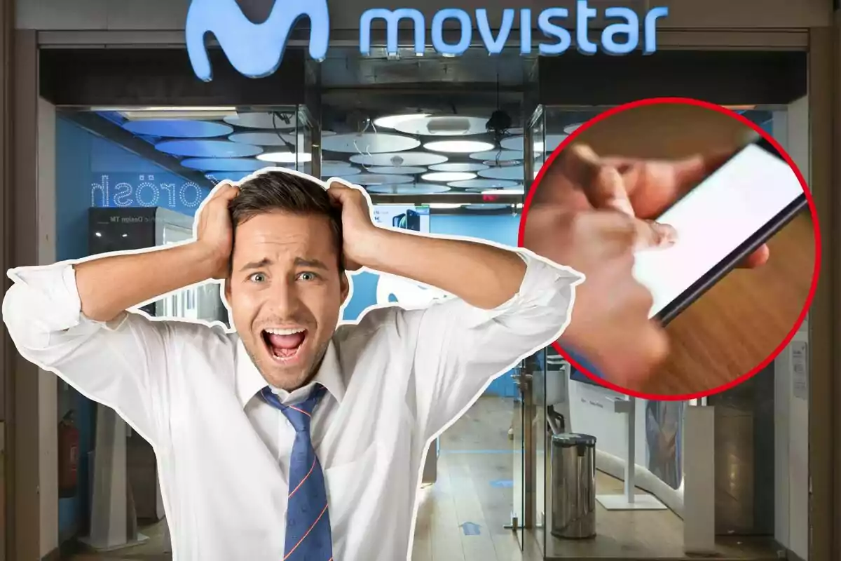 Una tienda Movistar, con un hombre con las manos en la cabeza, y en el círculo, un móvil