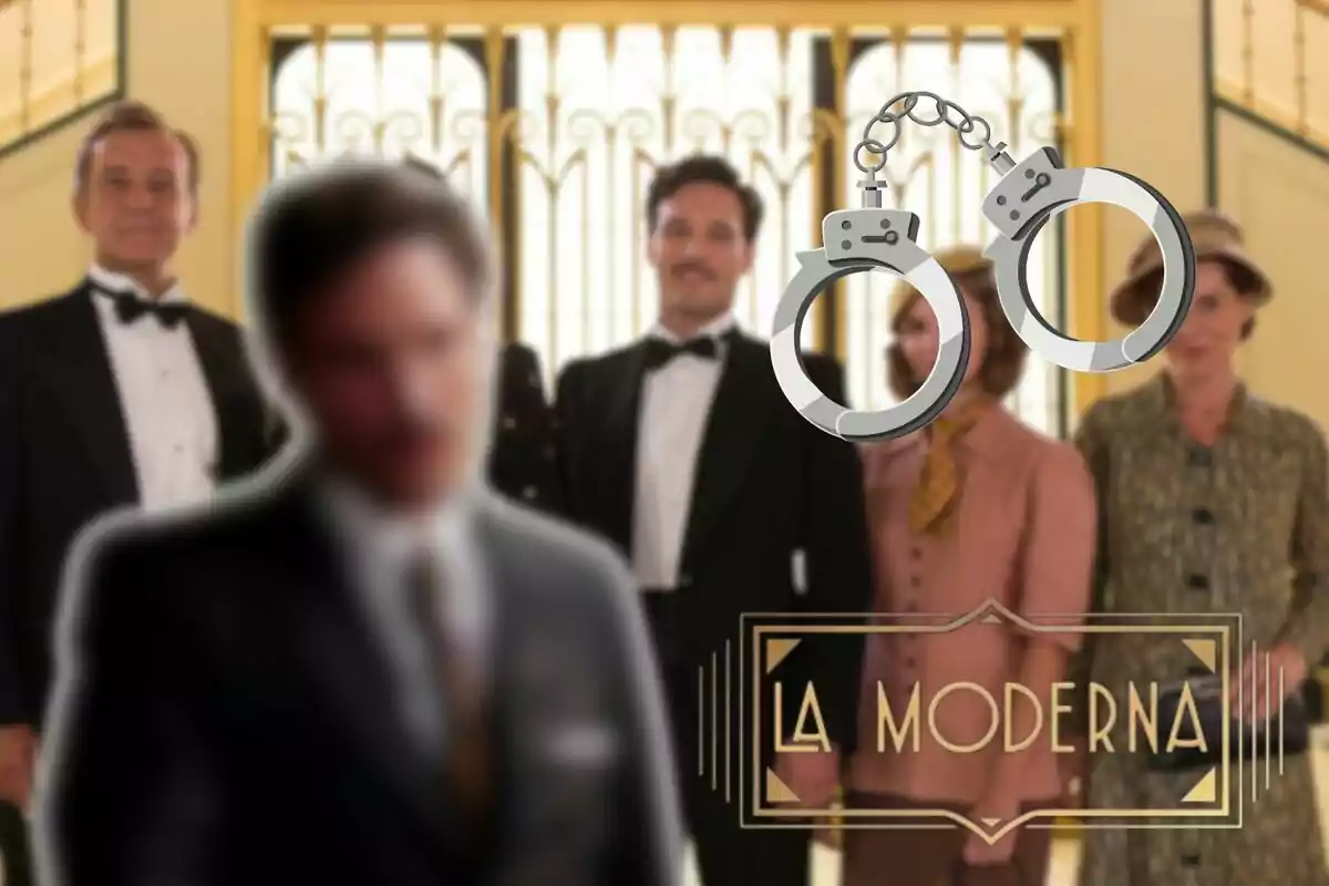 Montaje de los personajes de 'La Moderna', Íñigo desenfocado, unas esposas y el logo de la serie