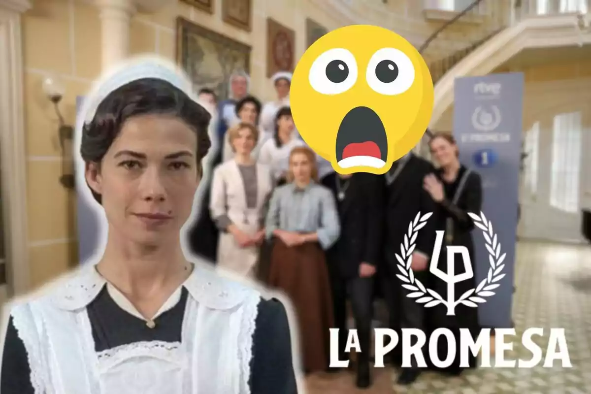 Montaje de los personajes de 'La Promesa' en una escalera, Teresa vestida de doncella, un emoji de sorpresa y el logo de la serie