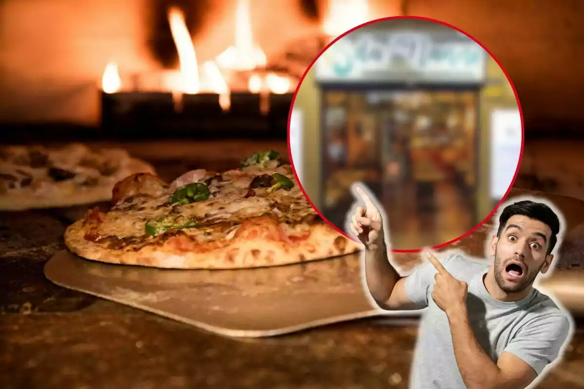 Un hombre sorprendido señala una pizza recién horneada en un horno de leña, con un círculo que destaca una imagen borrosa en el fondo.