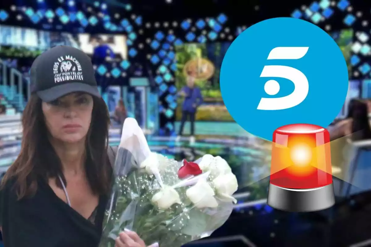 Montaje del plató de Supervivientes, el logo de Telecinco, Olga Moreno seria con una gorra negra y un ramo de flores y una luz de alarma