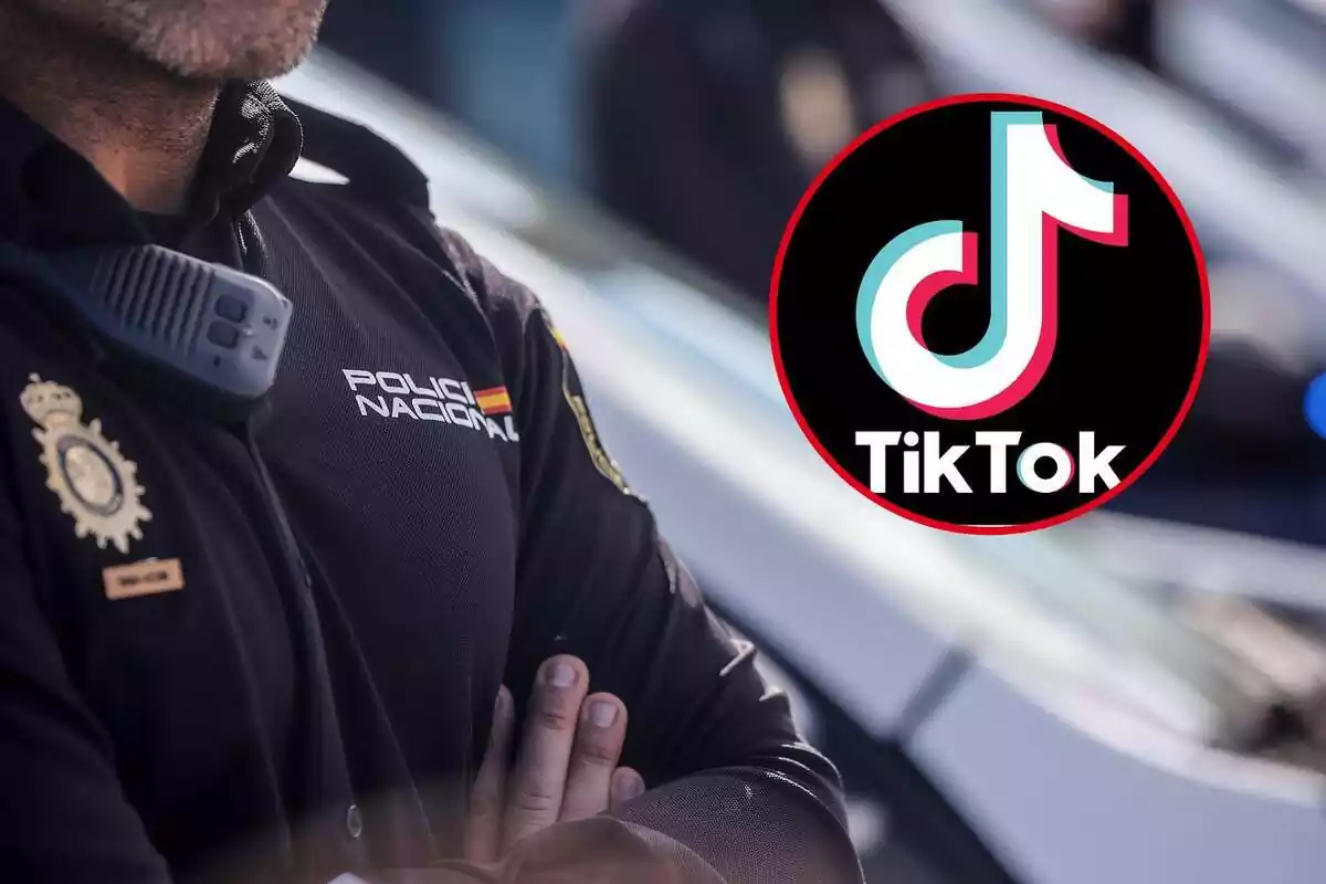 Montaje de un Policía Nacional y el logo de TikTok