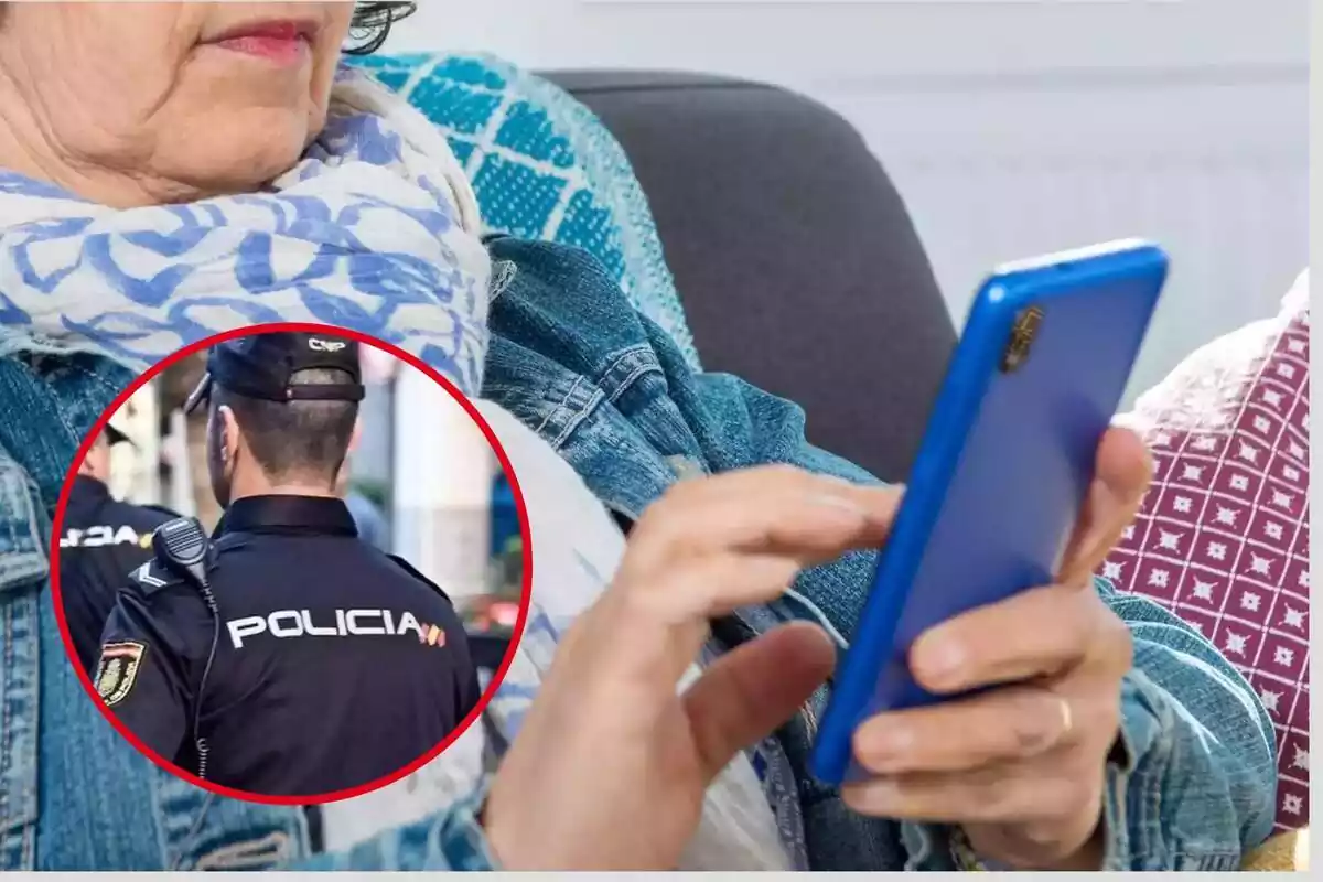 Montaje de una mujer con un teléfono móvil y un policía Montaje de una mujer con un teléfono móvil y un policía