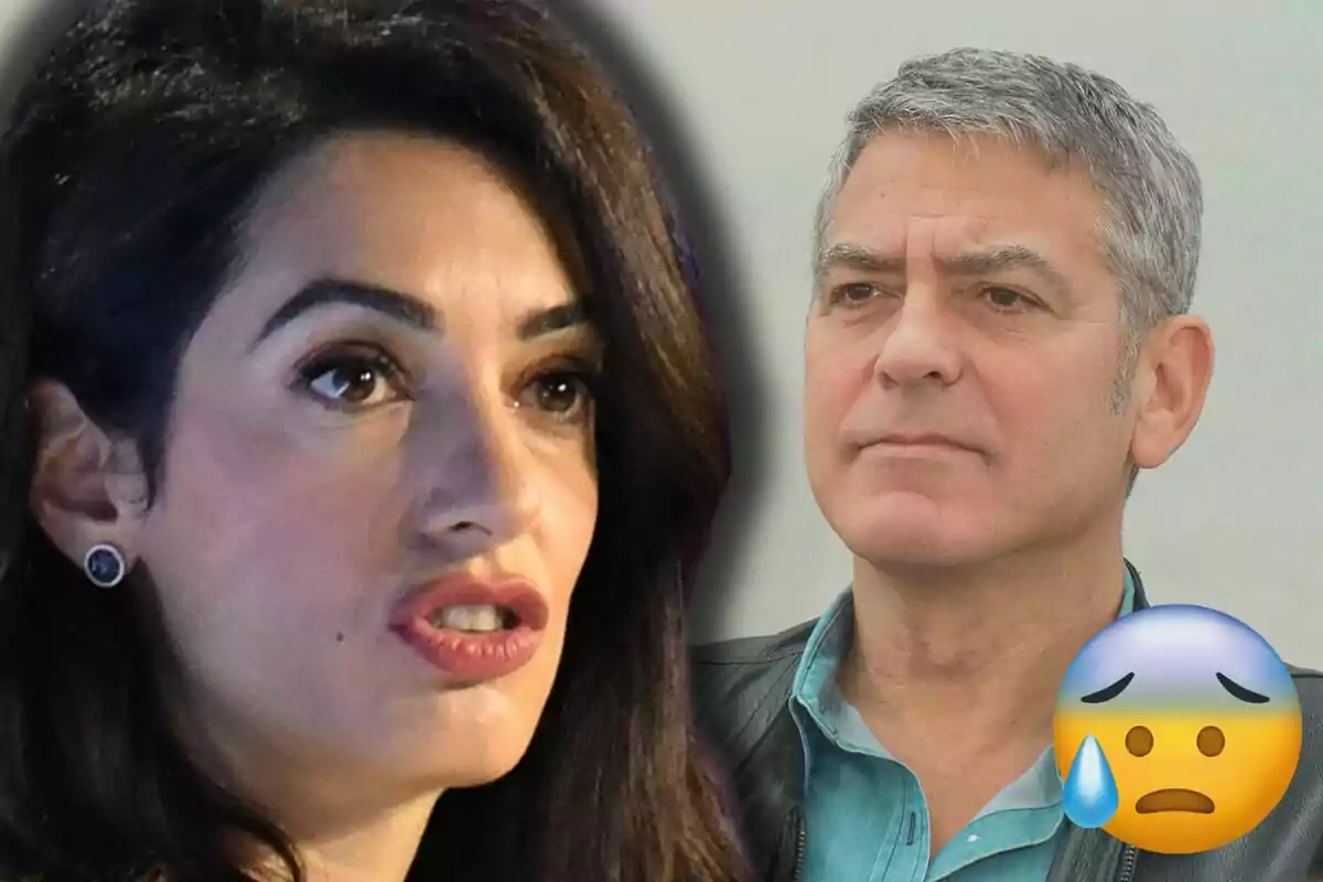 Amal and George Clooney looking in opposite directions with a worried face emoji.