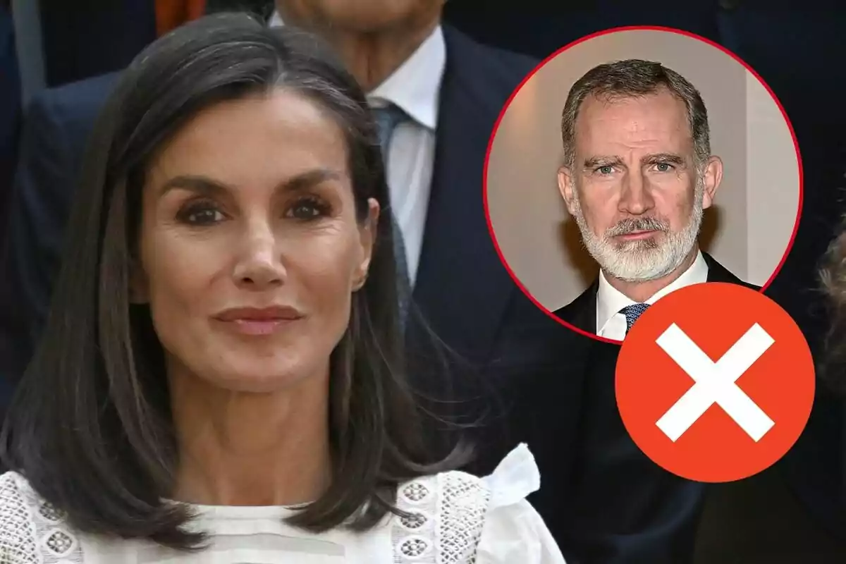 Montaje de primer plano de Letizia sonriendo con una blusa blanca, Felipe VI serio con traje negro y corbata azul y una cruz en un fondo rojo