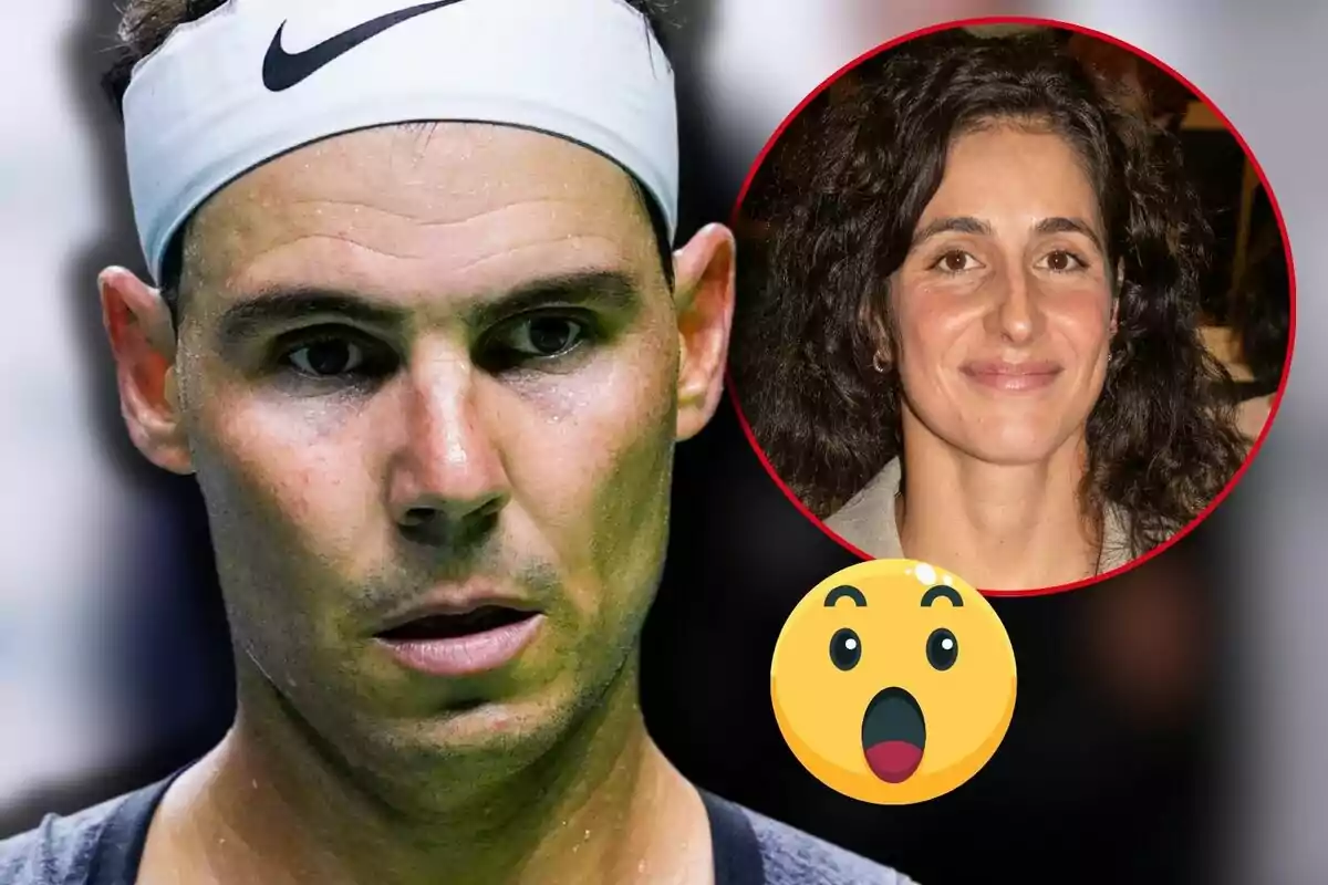 Rafa Nadal con una cinta en la cabeza aparece en primer plano, mientras que en un círculo rojo al lado se muestra a Xisca Perelló sonriendo; un emoji sorprendido está superpuesto en la parte inferior.