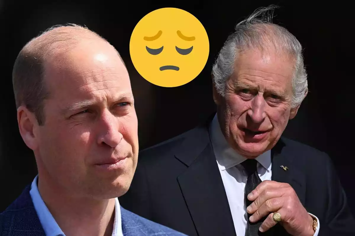 Montaje del príncipe Guillermo serio mirando a un lado, el rey Carlos III sujetándose la corbata negra y un emoji triste