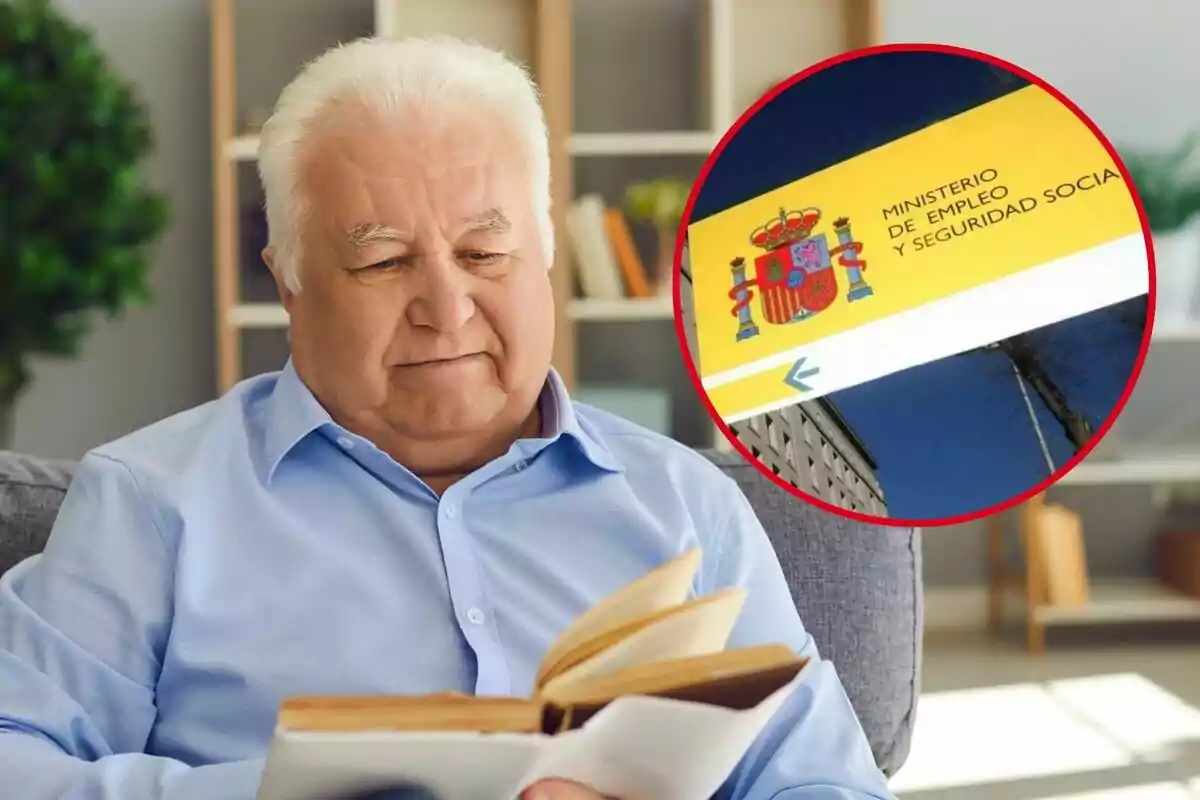 Hombre mayor leyendo un libro en casa con un recuadro que muestra el logo del Ministerio de Empleo y Seguridad Social.