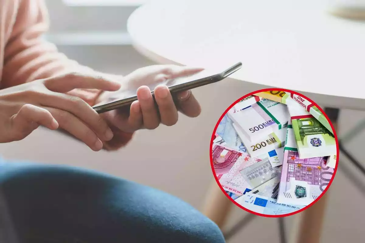 Montaje de las manos de una persona con un móvil y una redonda con muchos billetes variados de euro Montaje de las manos de una persona con un móvil y una redonda con muchos billetes variados de euro