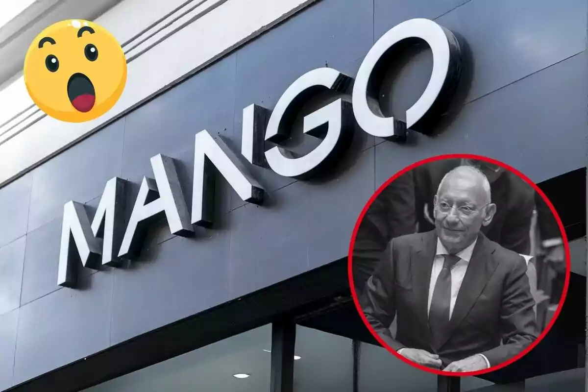 Fachada de una tienda Mango con un emoji sorprendido y un retrato en blanco y negro de un hombre en un círculo rojo.