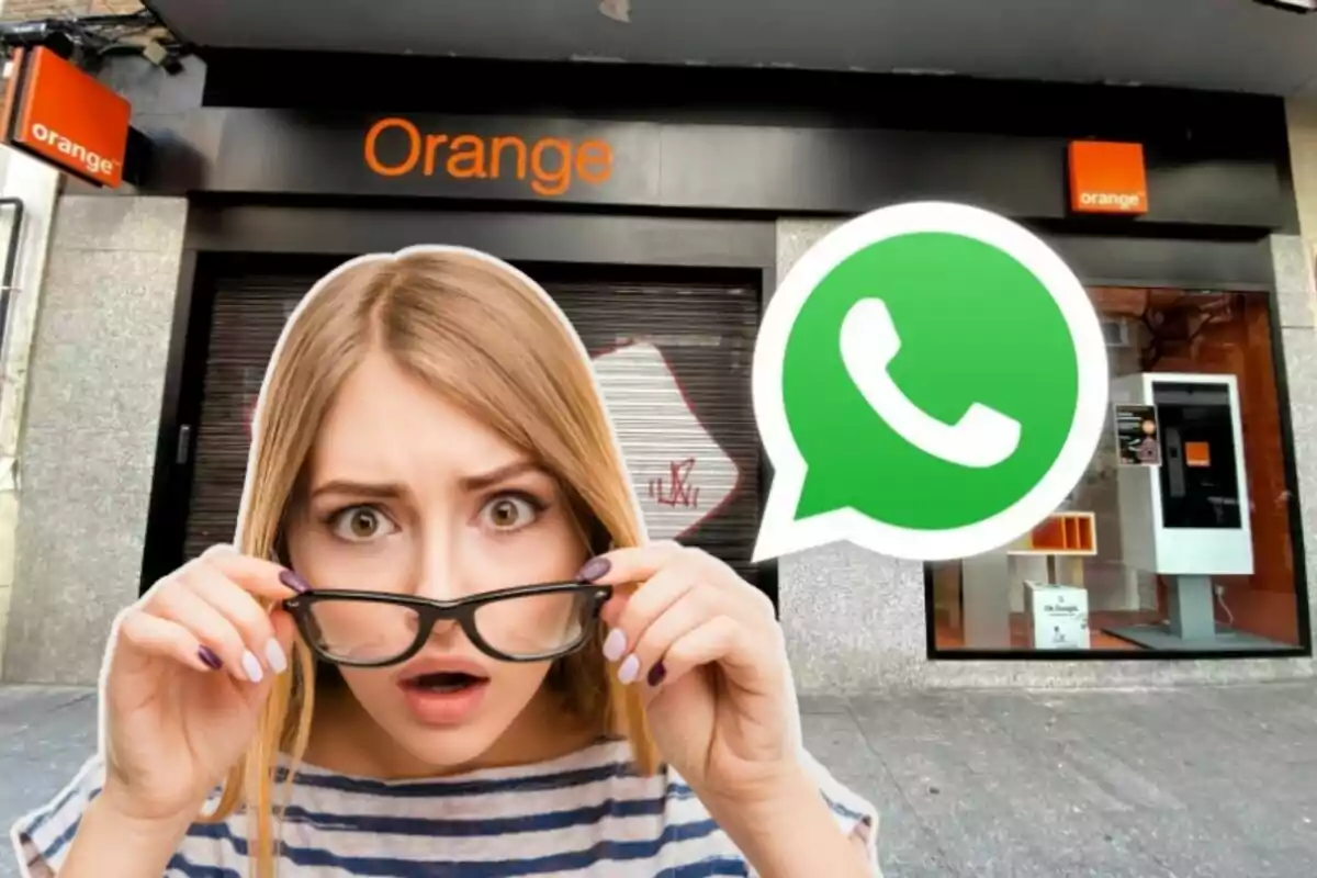 Una tienda de Orange, con una chica con gesto preocupado, y el logo de WhatsApp