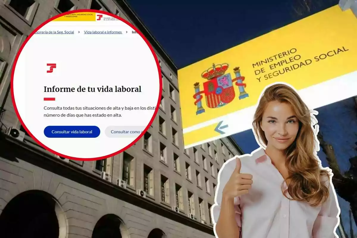 Instalaciones de la Seguridad Social, con una chica con el pulgar en alto y en el círculo, la pantalla para pedir vida laboral