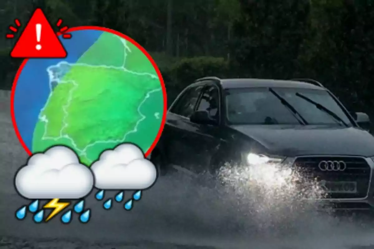 Un coche atraviesa una carretera inundada mientras un gráfico meteorológico muestra una alerta de tormenta con lluvia y relámpagos.