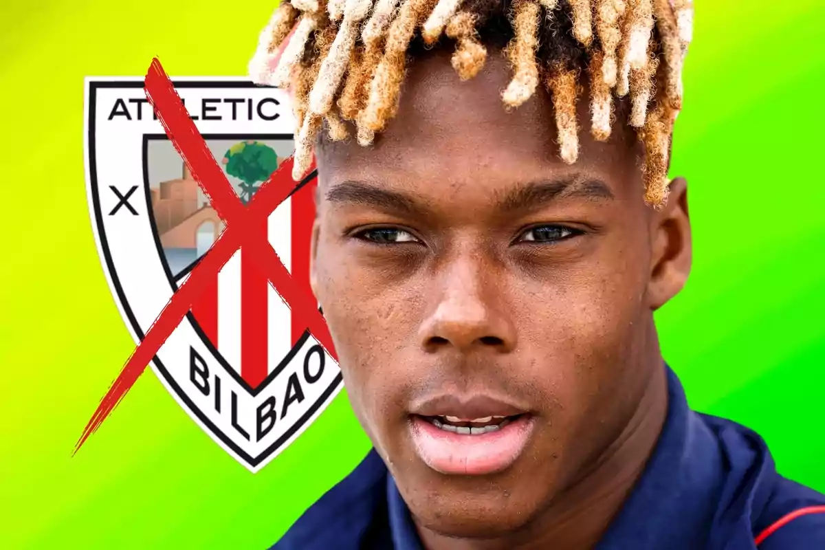 Un joven con cabello rubio y rizado aparece en primer plano con un fondo verde y el escudo del Athletic Club de Bilbao tachado en rojo. Un joven con cabello rubio y rizado aparece en primer plano con un fondo verde y el escudo del Athletic Club de Bilbao tachado en rojo.