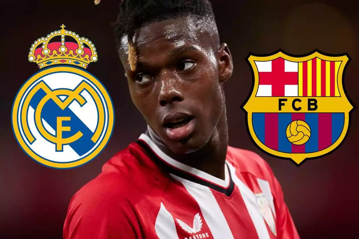 Nico Williams montage with the shields of Real Madrid and FC Barcelona Nico Williams montage with the shields of Real Madrid and FC Barcelona