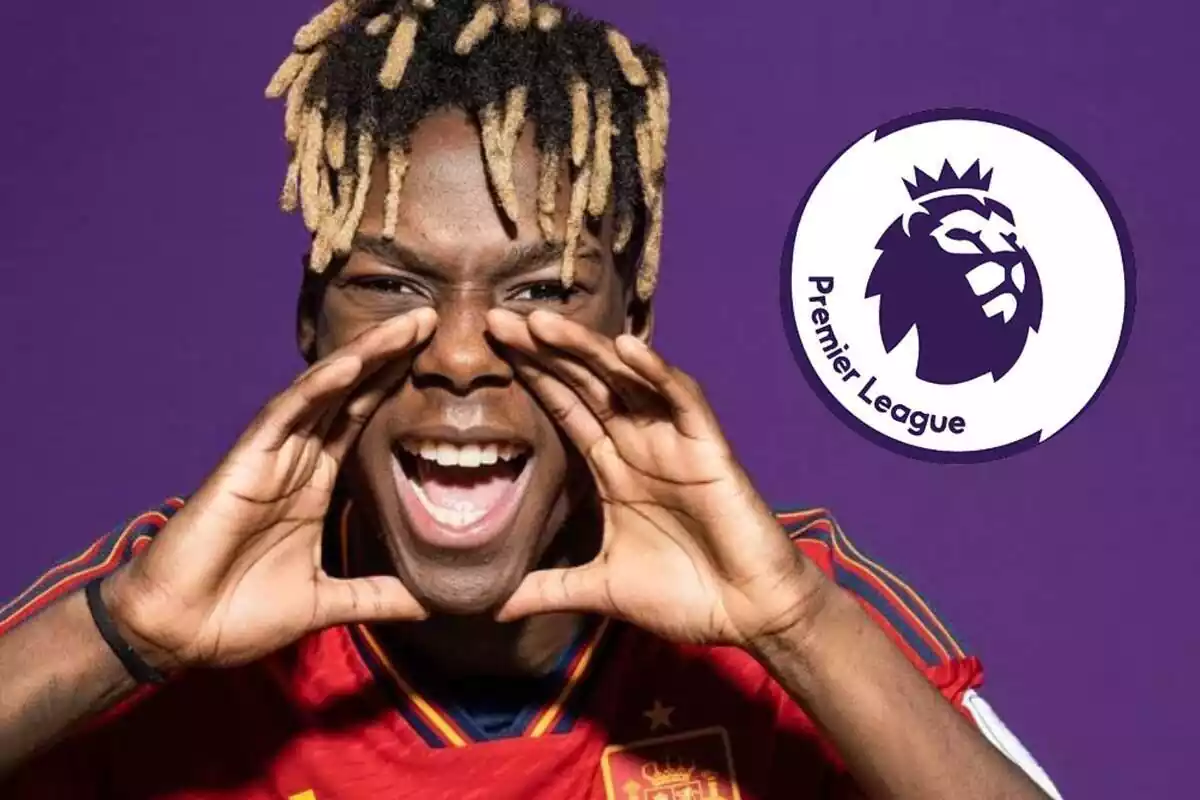 Nico Williams screaming next to the Premier League logo Nico Williams screaming next to the Premier League logo