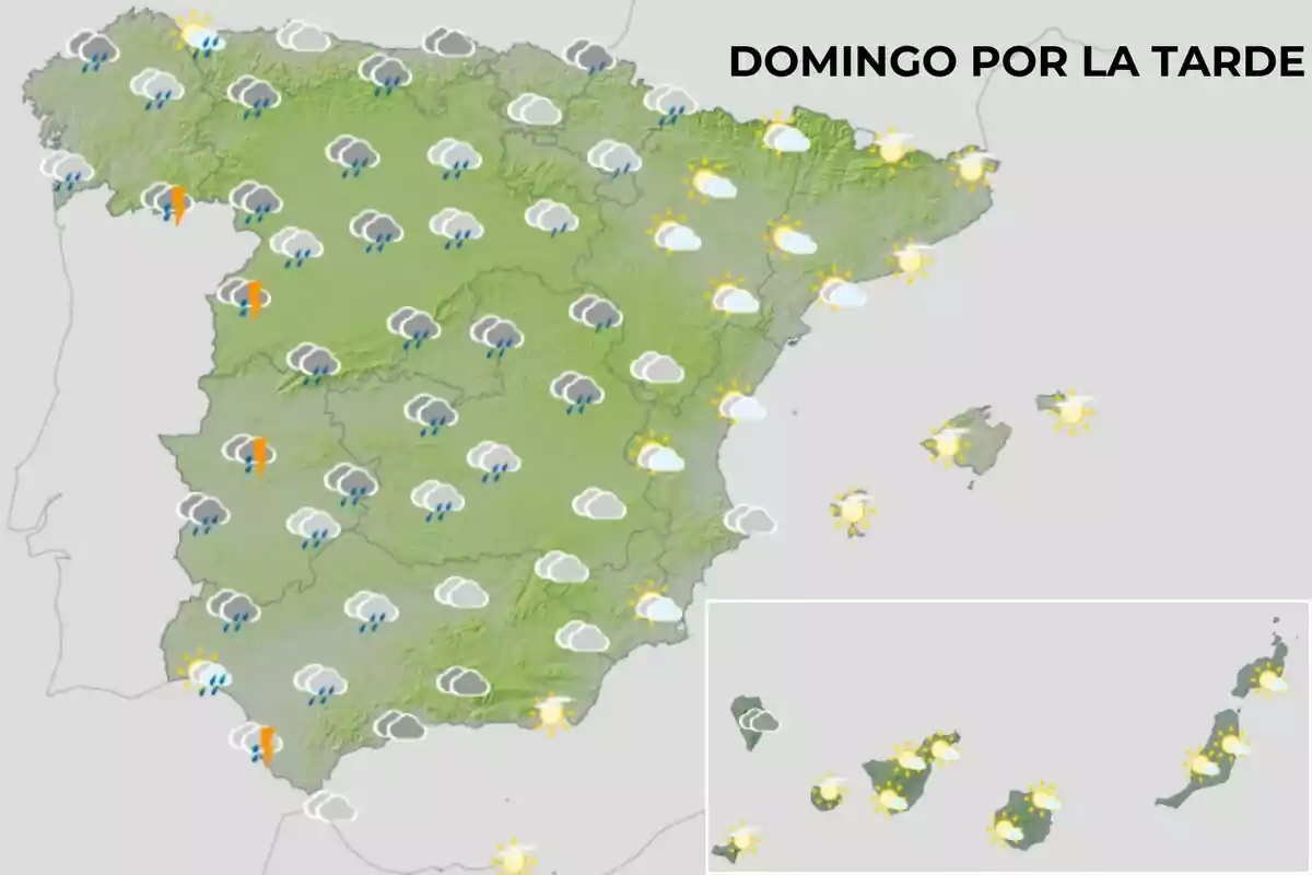 Mapa del tiempo para el domingo por la tarde en España mostrando lluvias en el norte y centro del país con sol en el este y las islas. Mapa del tiempo para el domingo por la tarde en España mostrando lluvias en el norte y centro del país con sol en el este y las islas.
