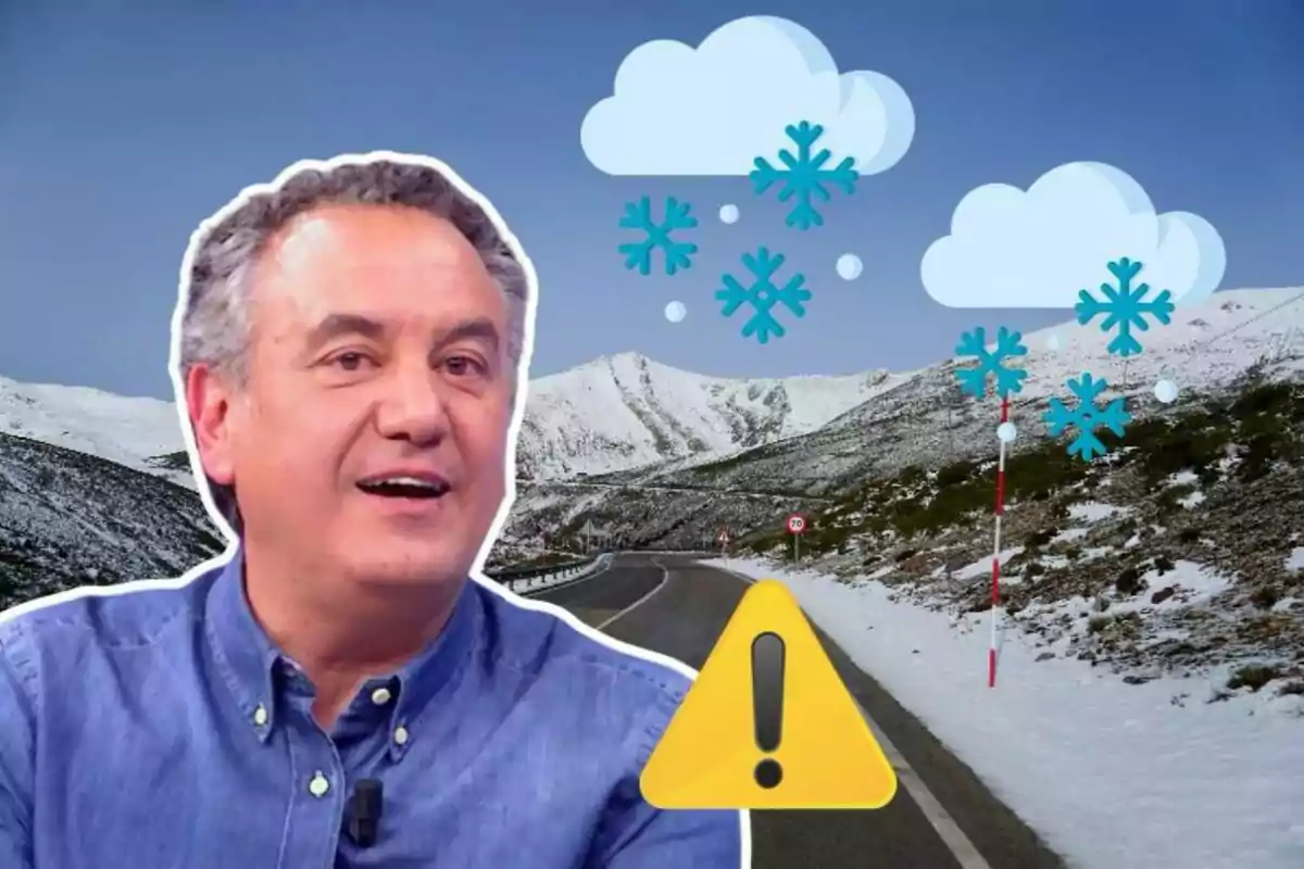 Un hombre sonriente con camisa azul aparece en primer plano sobre un fondo de carretera nevada con montañas, nubes y copos de nieve dibujados, junto a un icono de advertencia amarillo.