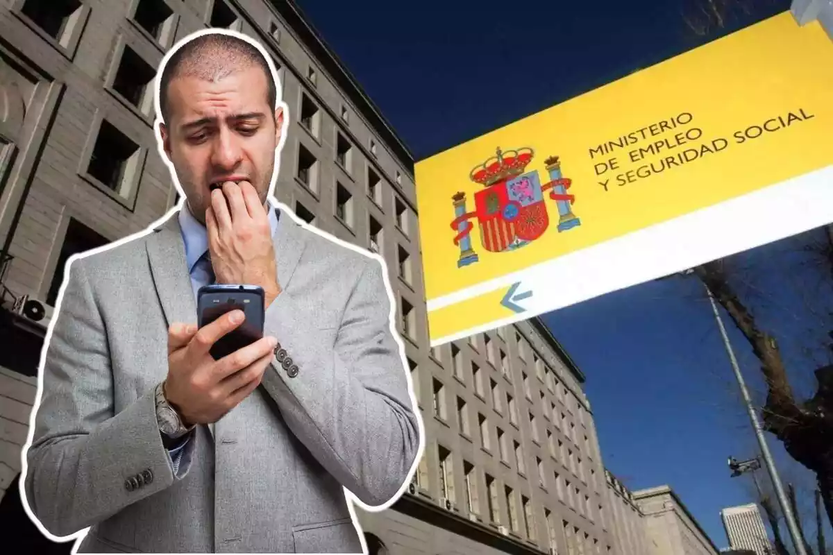 Montaje con una imagen de fondo de un edificio de la Seguridad Social y un hombre asustado Montaje con una imagen de fondo de un edificio de la Seguridad Social y un hombre asustado