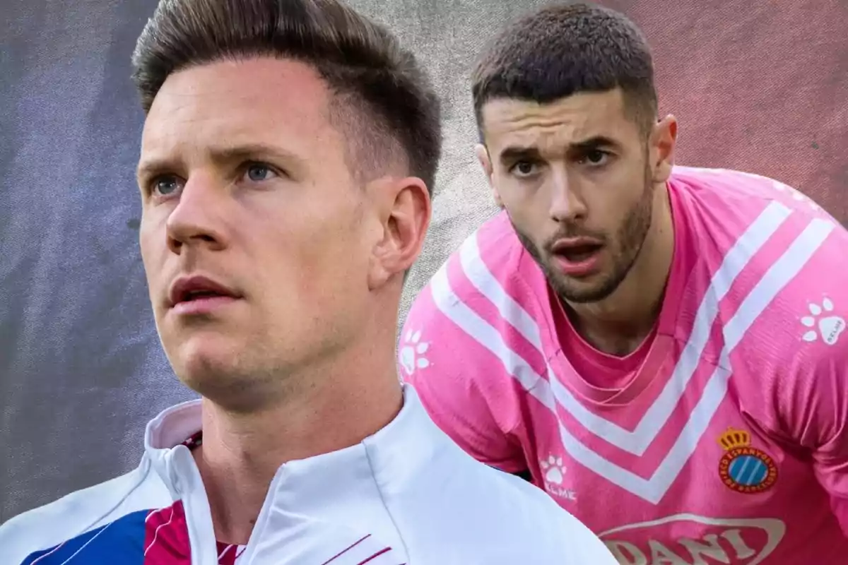 Two men in sports jerseys, one in the foreground with a white and blue jersey, and another behind with a pink jersey. Two men in sports jerseys, one in the foreground with a white and blue jersey, and another behind with a pink jersey.