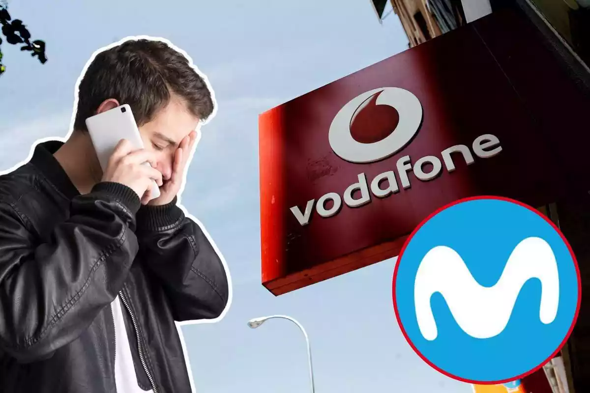 Imagen de fondo de un logo en una tienda de Vodafone, junto a otra de un logo de Movistar y otra de un hombre con un teléfono móvil preocupado Imagen de fondo de un logo en una tienda de Vodafone, junto a otra de un logo de Movistar y otra de un hombre con un teléfono móvil preocupado